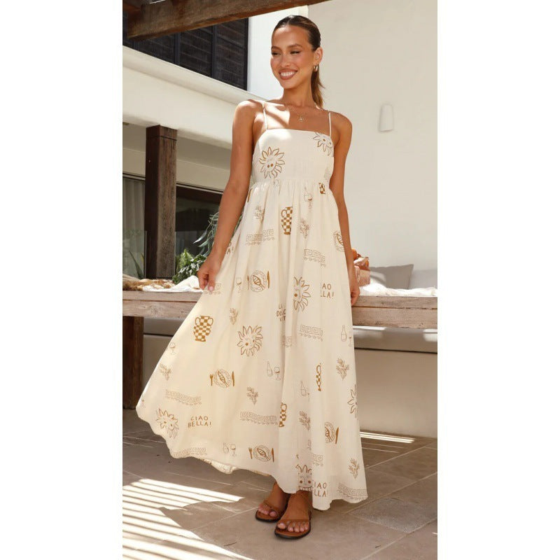 Printed Coffee Back Cutout Sling Dress