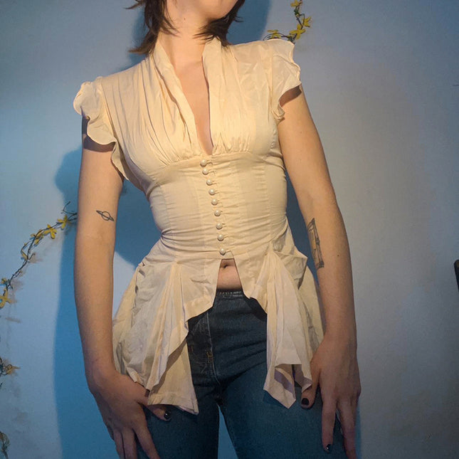 French Style Gentle Temperament Low V-neck Slim Top