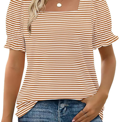 U-neck Petal Sleeve Loose Stripes T-shirt