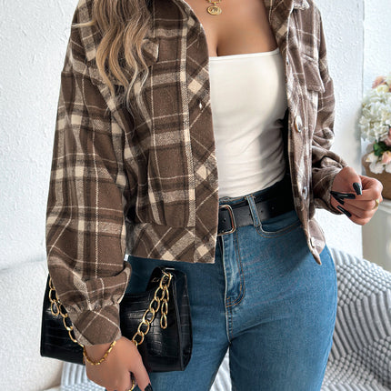 Plaid Faux Pocket Long Sleeve Woolen Coat