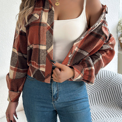 Plaid Faux Pocket Long Sleeve Woolen Coat