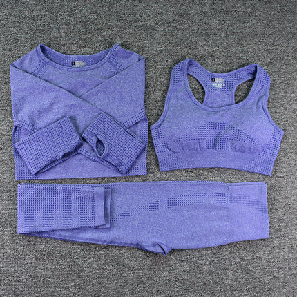Three-piece Bra, Long Sleeve Top and Trousers Yoga Suit