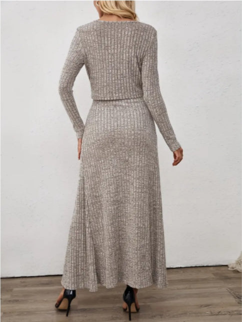 Oriented Fashion Elegant Autumn-Winter New Long-Sleeve Flared Skirt Button-Up Round Neck Cardigan Short Soft Temperament Midi Dress Set