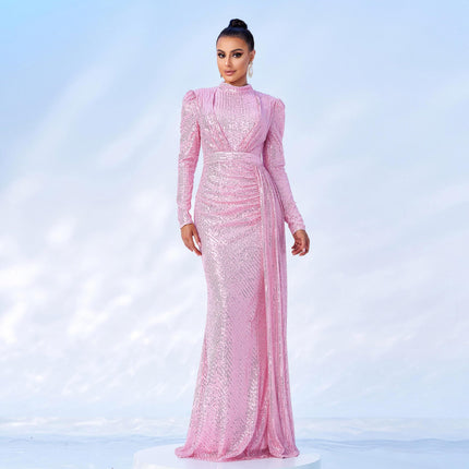 Long Sleeve Sequined Banquet Dress