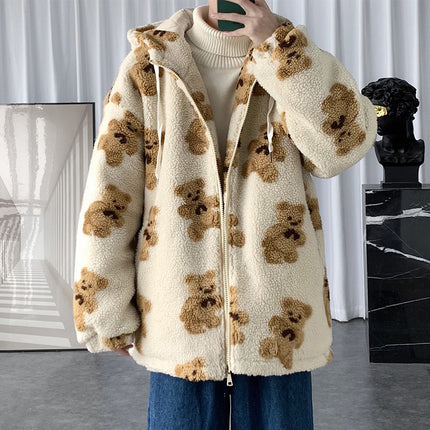 Cotton Hooded Bear Print Sweater Coat