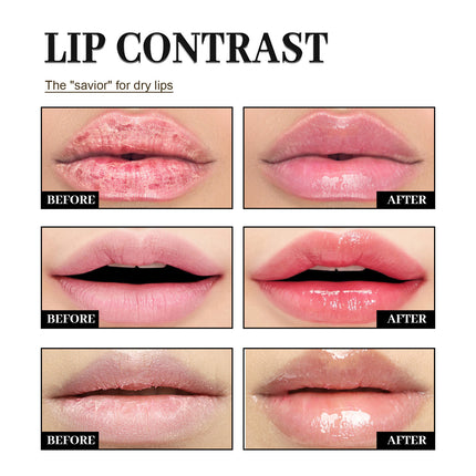 Before and after comparison of lip care product on lips with text 'Lip Contrast'.