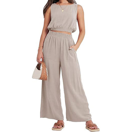 Round Neck Sleeveless Lower Hem High Waist Wide Leg Two-piece Set