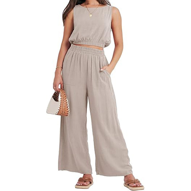 Round Neck Sleeveless Lower Hem High Waist Wide Leg Two-piece Set