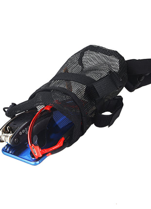 Black protective glove with red and blue components on a white background