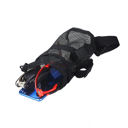Black protective glove with red and blue components on a white background