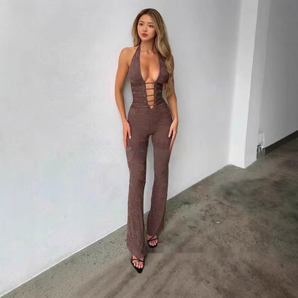 Lace Hollow-out Semi-transparent Halter Drawstring Jumpsuit
