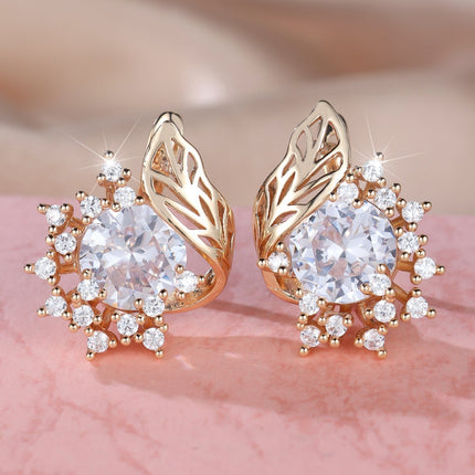 Round Flower Feather Zircon Earrings