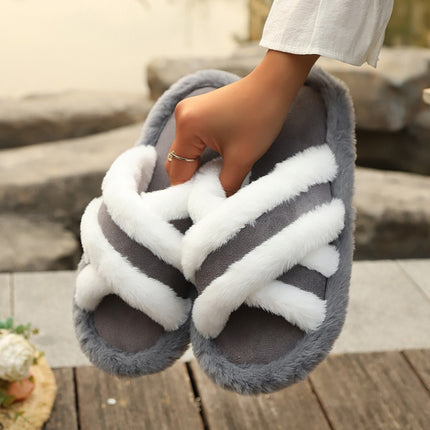 Fluffy Cross Strap Stitching Warm Slippers