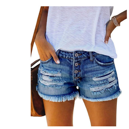 Fringed Denim Shorts Straight Breasted Hot Shorts