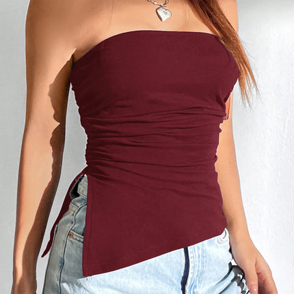 Solid Color Ruched Side Slit Hem Bandeau Cami Top