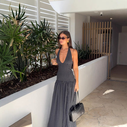 Halter Lace-Up Polka Dot Deep V Retro Slim Dress