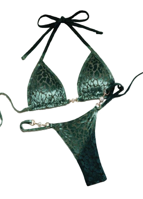 Conjunto de bikini tanga de leopardo y perlas para mujer