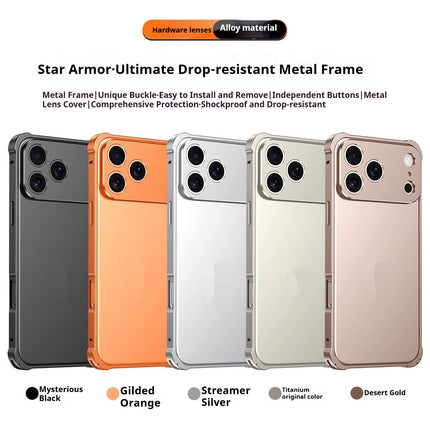 iPhone 17 Four-Corner Anti-Drop Metal Frame Case with Lens Cap