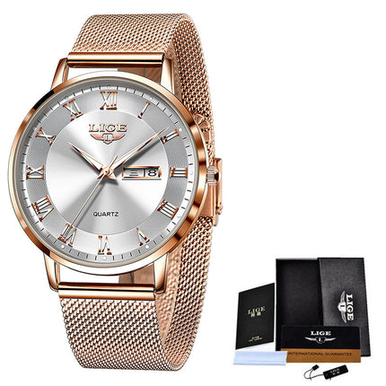 Elegant Thin Ladies Quartz Watch – Dual Calendar Waterproof Timepiece