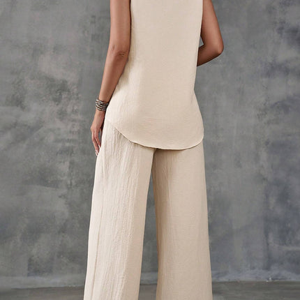 Sleeveless Textured Vest And Wide-Leg Button Front Pants Set
