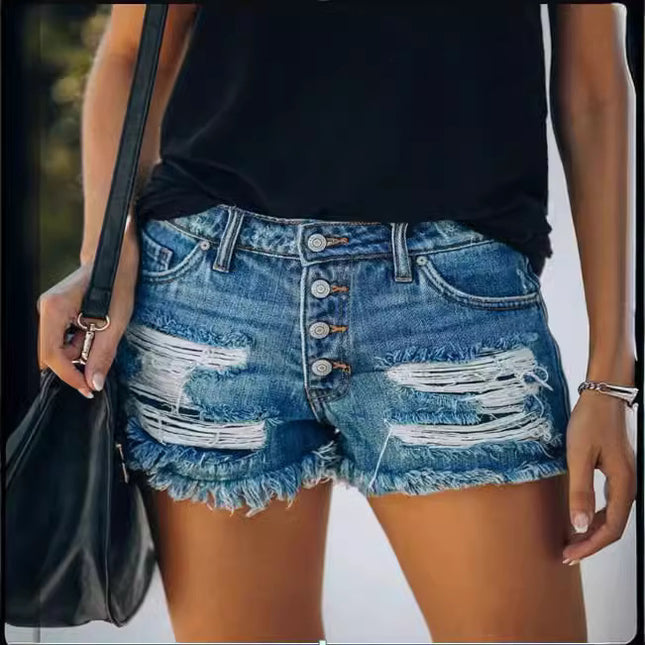Fringed Denim Shorts Straight Breasted Hot Shorts