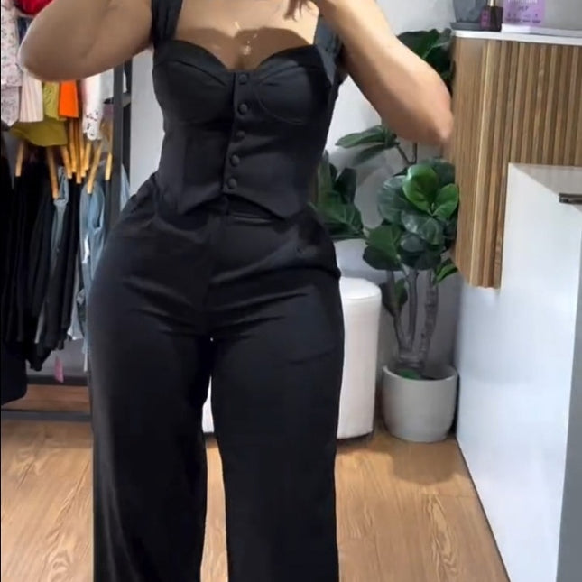 Sling Short Tight Vest High Waist Wide Leg Trousers Suit Set