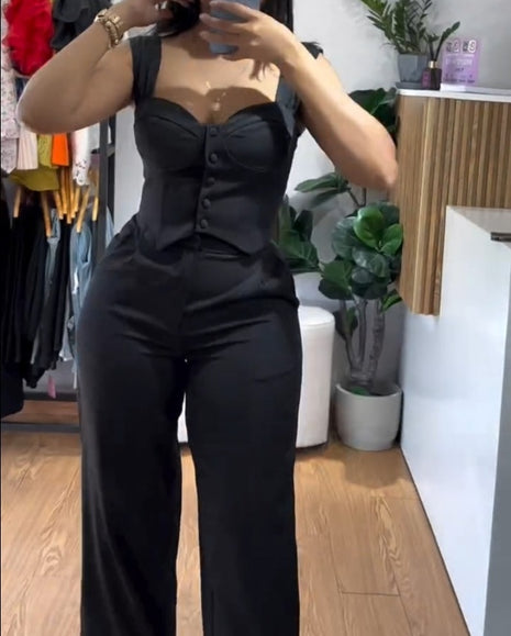 Conjunto de traje de chaleco corto ajustado con tirantes y pantalón de pierna ancha de cintura alta