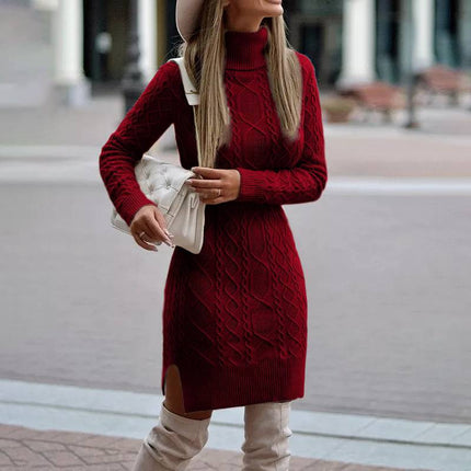 Turtleneck Knitted Slit Winter Dress