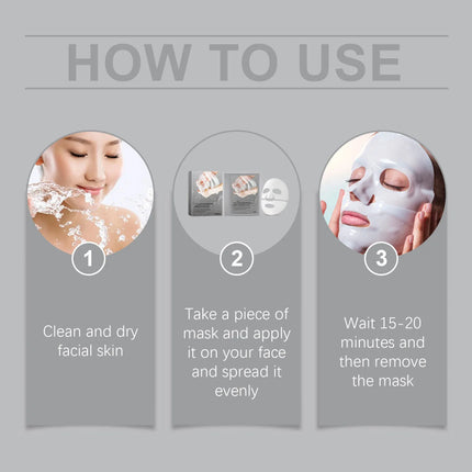 Step-by-step guide on how to use a facial mask with three circular images and text.