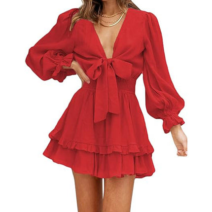 V-neck Ruffled Slimming Long Sleeves Dress