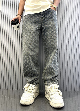 ジャカードハイストリート ルーズストレートウォッシュドワイドレッグジーンズ