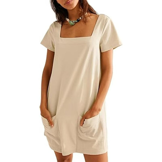 Square Collar Short Sleeve Short Skirt Pocket Dress
