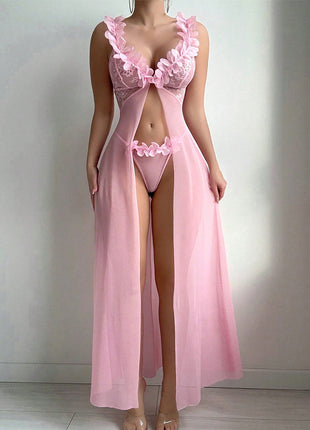 Slit See-through Suspender Nightdress Two-piece Set
