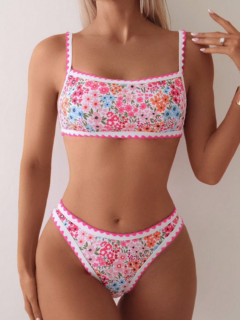 Printed Swimming Lace-up Split Bikini Suit