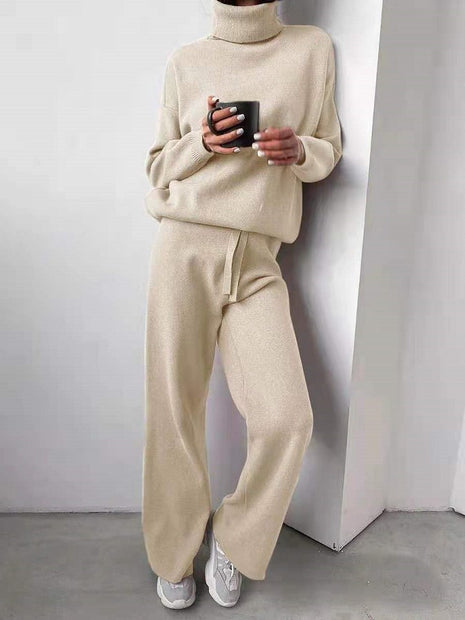 Conjunto de suéter de cuello alto y pantalón recto con cordón