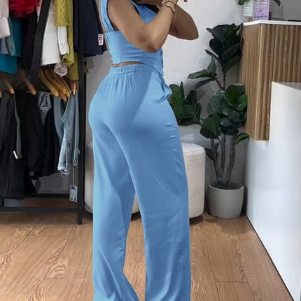 Sling Short Tight Vest High Waist Wide Leg Trousers Suit Set