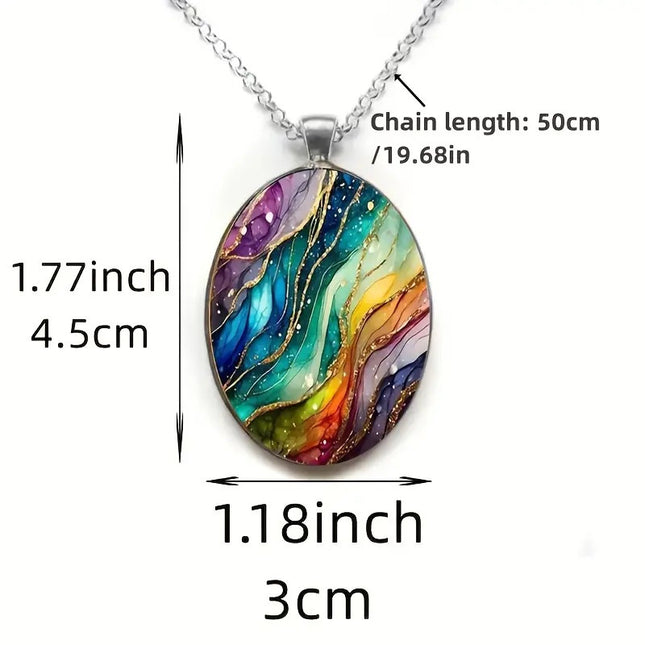 Retro-inspired Dreamy Ripple-pattern Oval Glass Pendant Necklace