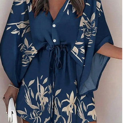 Batwing Sleeve with Botanical Design Dress