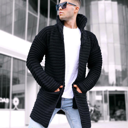 Knitted Cotton Ribbed Jacquard Lapel Cardigan Sweater