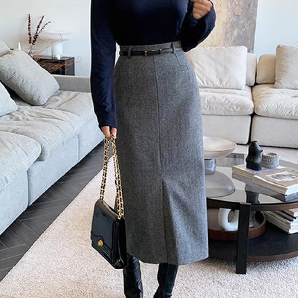 Gray Autumn and Winter Thickened High Waist Mid-Length Sheath Skirt