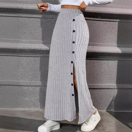 Knitted Dress Sunken Stripe Slit Fastener Decoration Sheath Skirt