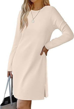 Round Neck Slit Hemline Sweater Long Sleeve Dress