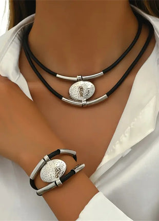 Womens Retro-Style Silver Oval Pendant Necklace And Bracelet Set