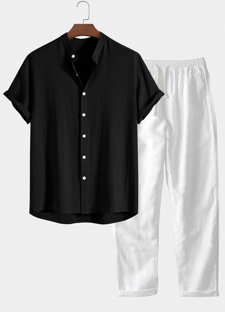 Traje informal de cuello alto ceñido de algodón y lino
