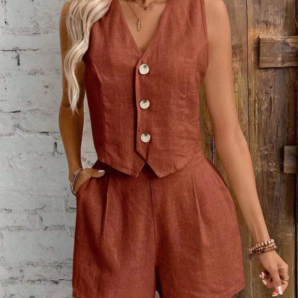 Leisure Commute Linen Front Button Vest And Shorts Suit