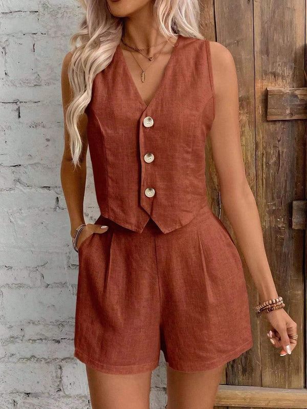 Leisure Commute Linen Front Button Vest And Shorts Suit