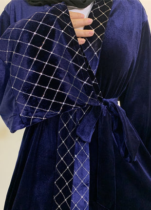 Navy Blue Velvet Gilded Abaya