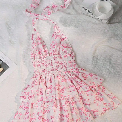 Floral Flounce Backless Halter Neck Dress