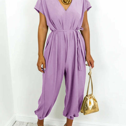 V-neck Lace-up Waist Wide Leg Jumpsuit