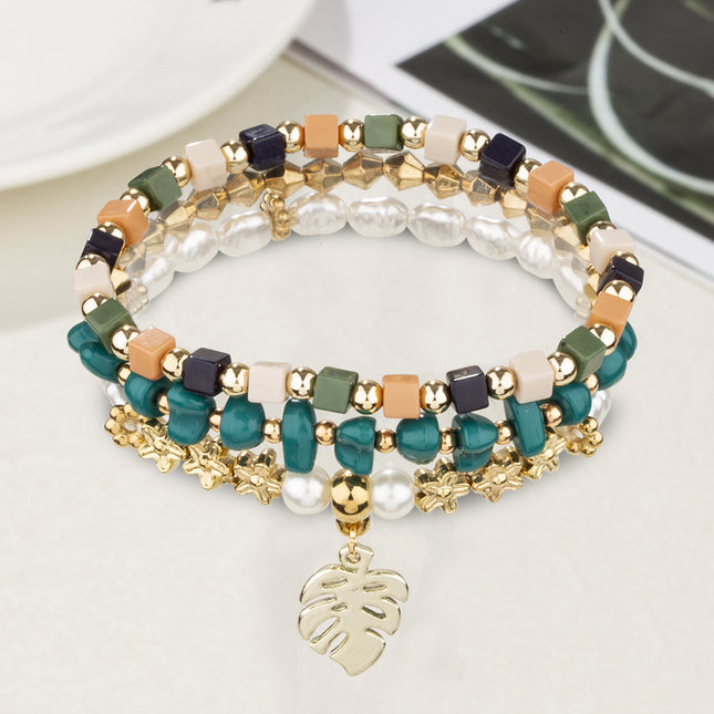 Vintage Pearl & Stone Leaf Pendant Bracelet